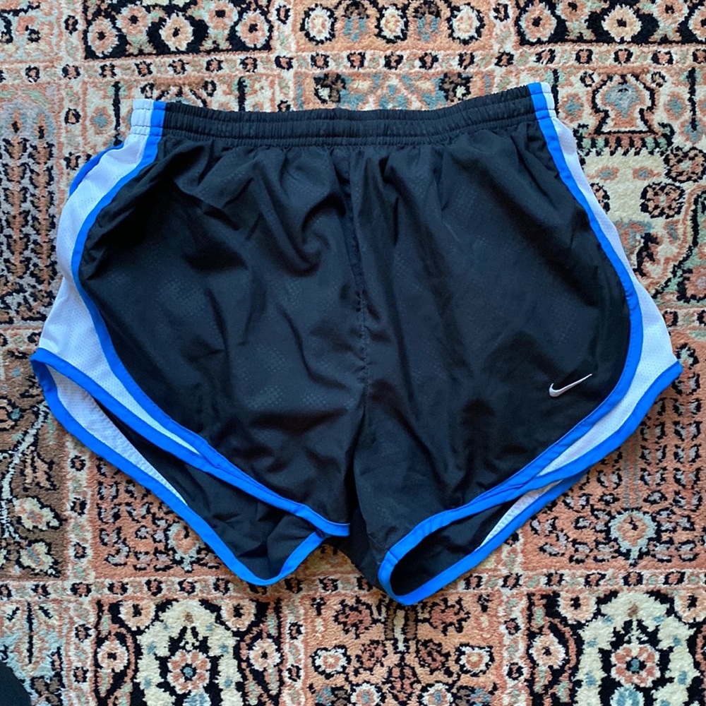 Nike small athletic shorts, black/blue/white